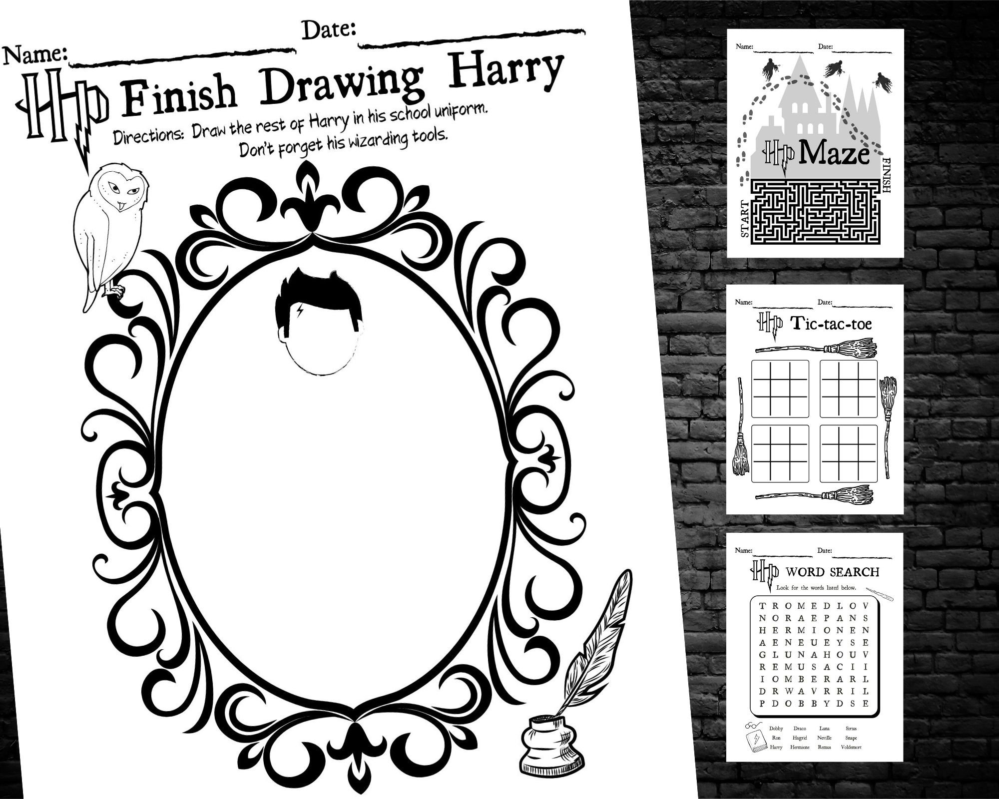 Finish Drawing Harry Maze Tic Tac Toe Word Search Instant Etsy
