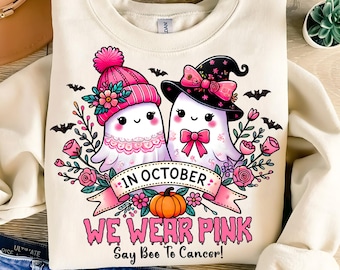 en octubre vestimos de rosa fantasma PNG concienciación sobre el cáncer de mama clipart halloween lindo temporada espeluznante PNG decir boo al cáncer es boo hoja digital