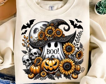 Boo Png, niedlicher Geist PNG Sublimation Design digitaler Download, Sublimation Designs Downloads, Geist mit schwarzem Hexenhut png, Halloween png, Gespenst