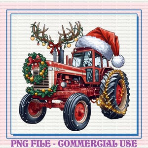 May include: A festive red tractor decorated with a Santa hat, reindeer antlers, and a wreath. The tractor's wheels are lit with fairy lights. The image includes the text "PNG FILE - COMMERCIAL USE."