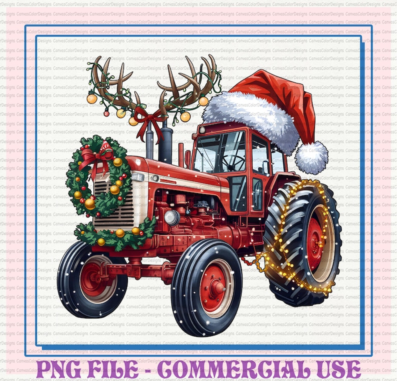 May include: A festive red tractor decorated with a Santa hat, reindeer antlers, and a wreath. The tractor's wheels are lit with fairy lights. The image includes the text "PNG FILE - COMMERCIAL USE."
