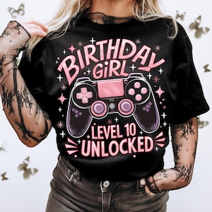 Födelsedagsflicka nivå 10 upplåst png, 10-årsfödelsedagsflicka, 10-årig gamertröja png, kontrolljoystick, sublimeringsdesign, omedelbar nedladdning