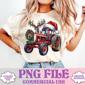 May include: Cream t-shirt with a festive red tractor design. The tractor is decorated with a Santa hat, antlers, and Christmas lights. The text "PNG FILE" and "COMMERCIAL USE" are displayed at the bottom of the image.