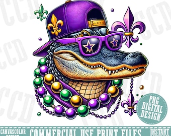 Könnte beinhalten: Digitale Illustration eines Alligators mit einer lila Kappe mit goldenem Fleur-de-Lis, lila Sonnenbrille mit sternförmigen Gläsern und einer Perlenkette. Das Bild enthält den Text "PNG DIGITAL DESIGN" und "COMMERCIAL USE PRINT FILES".