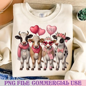 Può includere: Felpa color crema con una grafica di quattro mucche dei cartoni animati. Ogni mucca è adornata con accessori di San Valentino, tra cui sciarpe rosa, occhiali da sole a forma di cuore e palloncini con la scritta "LOVE". Il testo "PNG FILE COMMERCIAL USE" è in basso.