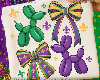 Perro globo de Mardi Gras (PNG), clipart de Mardi Gras, diseño de sublimación, descarga digital, lazo de Mardi Gras, PNG morado, verde y dorado, diseño de perro de fiesta
