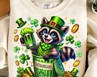 Mapache travieso PNG, Sublimación de mapache del Día de San Patricio, Archivo digital de mapache de la suerte, Mapache amuleto de la suerte, Clip art de mapache con cerveza