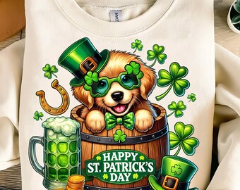 St Patricks Day Dog PNG,Lucky Dog Sublimation,Golden Retriever St Patricks,Four Leaf Clover Dog Design,Lucky Charm png,Irish Shamrock Dog
