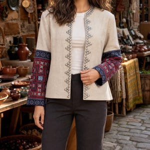 Handmade Patchwork Hemp Jacket with Silver Bead Detail, Boho Ethnic Hill Tribe Jacket