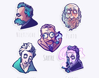 Stickers Set (5) — Nietzsche • Camus • Kierkegaard • Plato • Sartre 3"— Vinyl Stickers for Laptops, Waterbottles, and Journals!