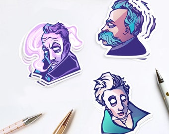 Sticker Set (Pick 3) — Nietzsche • Camus • Kierkegaard • Sartre • Plato 3"— Vinyl Decal Stickers for Laptops, Waterbottles, and Journals!