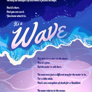 May include: A digital art print depicting an ocean wave in blue and purple hues. The word "Wave" is written in a cursive style. The image contains poetic text about waves and the ocean, with a philosophical theme.