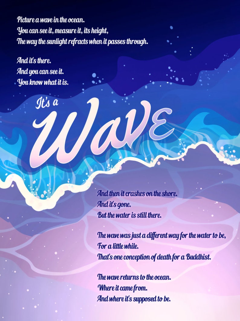 May include: A digital art print depicting an ocean wave in blue and purple hues. The word "Wave" is written in a cursive style. The image contains poetic text about waves and the ocean, with a philosophical theme.