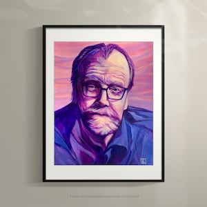 May include: A painting of a man with a beard and glasses. He is wearing a blue shirt and has a pink and purple background.