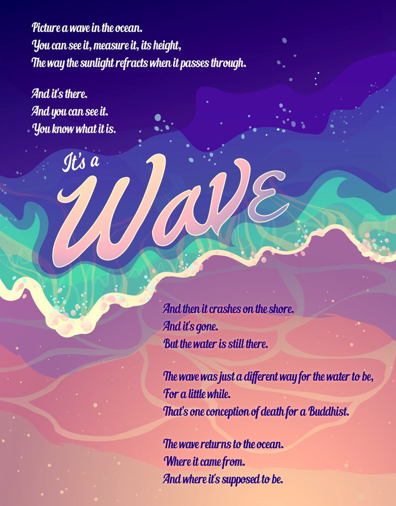 May include: A digital art print with a gradient background of purple, blue, and pink hues. The text "It's a Wave" is prominently displayed in a stylized font. Additional text describes a wave's life cycle.