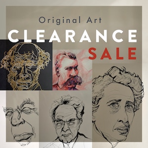 以下が含まれることがあります： オリジナルアートのクリアランスセールの広告。線画や水彩画など、さまざまなスタイルの肖像画がいくつか表示されています。「Original Art CLEARANCE SALE」の文字が白と赤で表示されています。