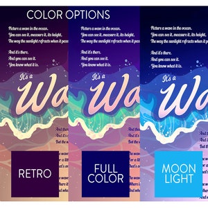 May include: A vertical banner displaying three colour options: Retro, Full Colour, and Moonlight. Each features a stylised wave design with the text "It's a Wave" and a poem about waves. The Retro option has a dark purple background, the Full Colour option has a dark blue background, and the Moonlight option has a light blue background.