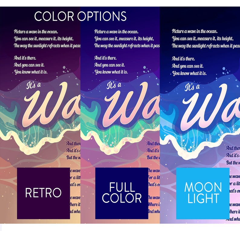 May include: A vertical banner displaying three colour options: Retro, Full Colour, and Moonlight. Each features a stylised wave design with the text "It's a Wave" and a poem about waves. The Retro option has a dark purple background, the Full Colour option has a dark blue background, and the Moonlight option has a light blue background.