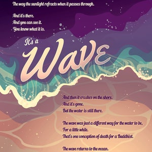 May include: A digital art print with a wave theme. The image shows a stylized wave in shades of blue, teal, and white, with the words "It's a Wave" in a flowing script. The print includes poetic text about waves and the ocean.