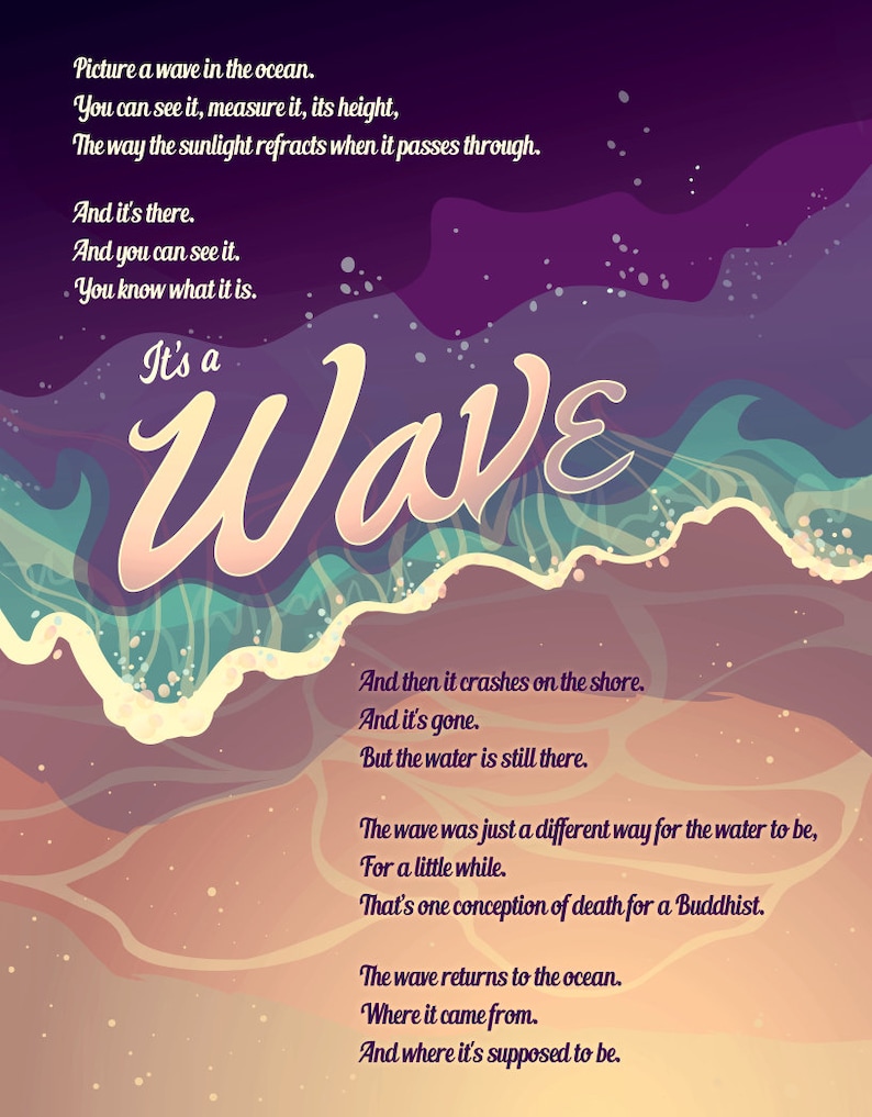 May include: A digital art print with a wave theme. The image shows a stylized wave in shades of blue, teal, and white, with the words "It's a Wave" in a flowing script. The print includes poetic text about waves and the ocean.