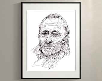 Retrato de Thom Yorke, vocalista de Radiohead, en blanco y negro.