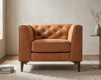 Tufted Leather Lounge Chair, Cognac Tan Italian Leather Armchair, Mid Century Accent Chair, Vintage Modern Club Chair