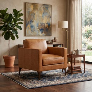 Mid Century Modern Leather Lounge Chair, Full Grain Cognac Armchair, Italian Aniline Leather Accent Chair, Minimalist Living Room Furniture