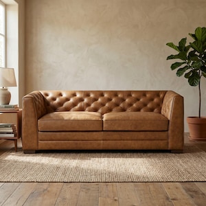 86” Leather Sleeper Sofa, Pull Out Sofa Bed, Full Grain Italian Leather Couch, Tufted Convertible Guest Bed, Luxury Brown Sofa