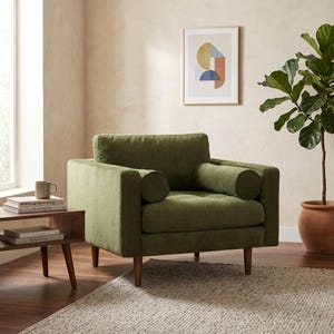 Mid Century Modern Green Velvet Lounge Chair, Oversized Armchair with Bolster Pillows, Tufted Reading Chair, Retro Living Room Furniture