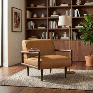 Mid Century Modern Leather Accent Chair, Cognac Tan Lounge Chair with Solid Wood Frame, Upholstered Armchair for Living Room Reading Nook