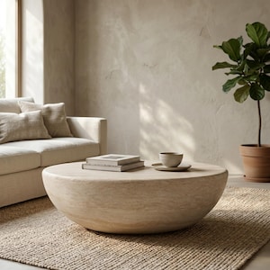Puede incluir: Una mesa de centro redonda de color beige claro con forma de cuenco. Dos libros y una taza de té pequeña con un platillo encima. La mesa está sobre una alfombra tejida, con un sofá y una planta en maceta en el fondo.