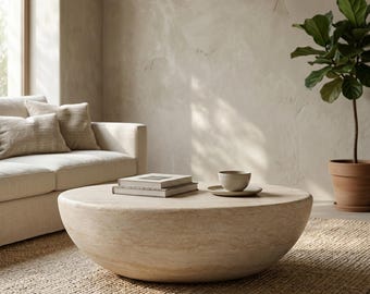 Modern Faux Travertine Oval Coffee Table, Sculptural Cement Coffee Table for Minimalist Living Room Decor