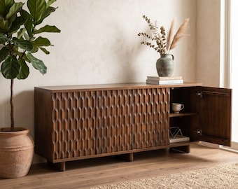 Vintage Mango Wood Sideboard, 70 Inch Buffet Cabinet, Carved Credenza, 4 Door Storage Console, Dining Room Cabinet