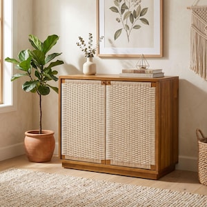 Può includere: Un mobile in legno con due ante intrecciate. Il mobile è in legno marrone chiaro e ha una forma rettangolare. Una pianta in vaso e una stampa botanica incorniciata sono visibili sullo sfondo. Il mobile è su un tappeto marrone chiaro.