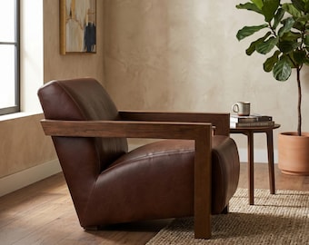 Mid Century Leather Lounge Chair, Italian Full Grain Accent Armchair, Walnut Wood Frame Chair, Modern Brown Club Chair