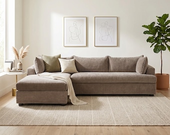 Sofá seccional moderno color beige, chaise longue a la izquierda, sofá extragrande de tela neutra, muebles de sala de estar con asientos profundos.