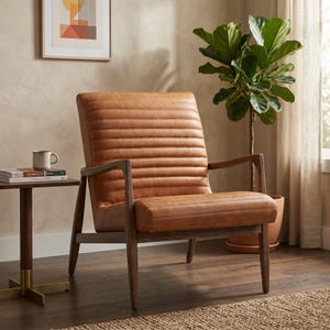 Mid Century Modern Ribbed Leather Chair, Full Grain Cognac Lounge Chair, Sculpted Wood Accent Armchair, Fully Assembled Reading Chair