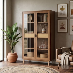 Può includere: Una vetrina in legno con ante in vetro, che espone libri, oggetti decorativi e un set di decanter. L'armadio presenta dettagli in rattan intrecciato ed è collocato contro una parete dai toni neutri. Una pianta in vaso e una poltrona in pelle completano il design.