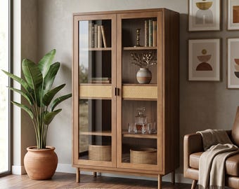 Vitrina de nogal, vitrina moderna de mediados de siglo con puerta de cristal, armario de almacenamiento de ratán, mueble bar de madera con cajones.