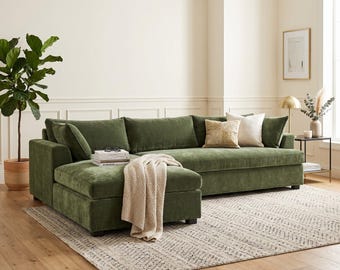 Left Facing Sleeper Sectional Sofa, Green Pull Out Sofa Bed, Storage Chaise Couch, Modern Convertible Guest Bed, Large Living Room Sofa
