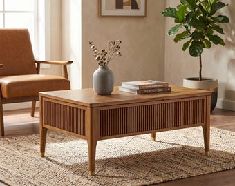 Stolik kawowy z podnoszonym blatem w stylu mid-century z ukrytym schowkiem, drewniany stolik kawowy do małych salonów