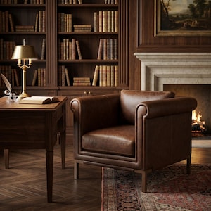 Italian Leather Lounge Chair, Full Grain Aniline Leather Armchair, Modern Roll Arm Club Chair, Vintage Brown Accent Chair, Reading Chair