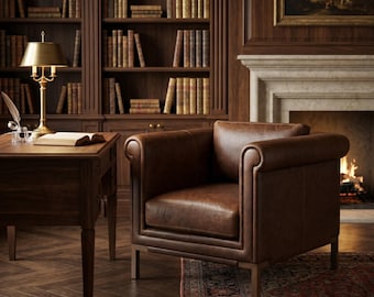 Italian Leather Lounge Chair, Full Grain Aniline Leather Armchair, Modern Roll Arm Club Chair, Vintage Brown Accent Chair, Reading Chair