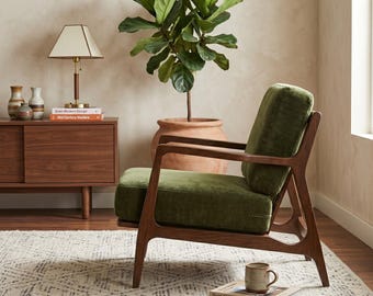Sillón de estilo moderno de mediados de siglo, sillón auxiliar de terciopelo verde, muebles de madera maciza de fresno, silla retro para sala de estar, sillón de lectura de nogal.