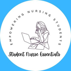 Puede incluir: Un círculo blanco con un contorno morado de una persona sentada en un escritorio con una computadora portátil y una taza en la mano. El texto "Empowering Nursing Students" está escrito alrededor del círculo en morado. El texto "Student Nurse Essentials" está escrito debajo del círculo en morado.