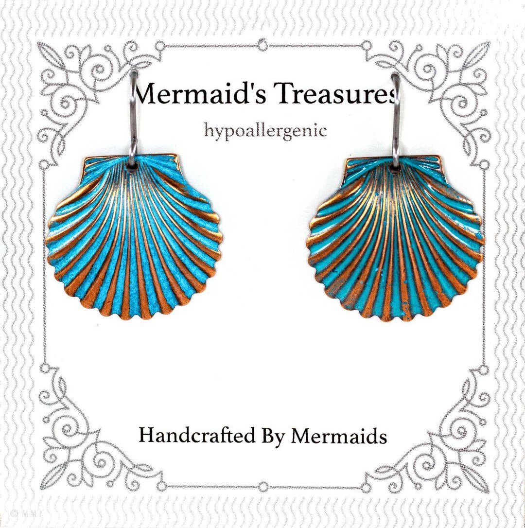 Scallop Shell Inlay Scallop Shell Earing With Enamel Inlay on Hypoallergenic Surgical Steel ...