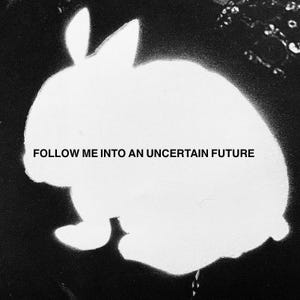 May include: A white silhouette of a rabbit against a black background. The text "FOLLOW ME INTO AN UNCERTAIN FUTURE" is printed in black below the rabbit. The image has a stark, high-contrast aesthetic.