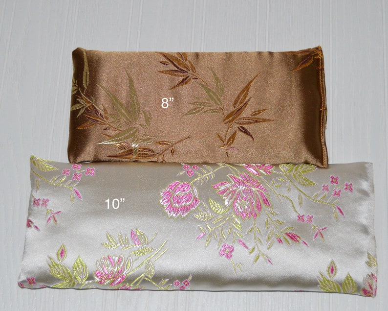 brown and silver satin eye pillow with flax seed and optional lavender buds showing 8 inch and 10 inch sizes