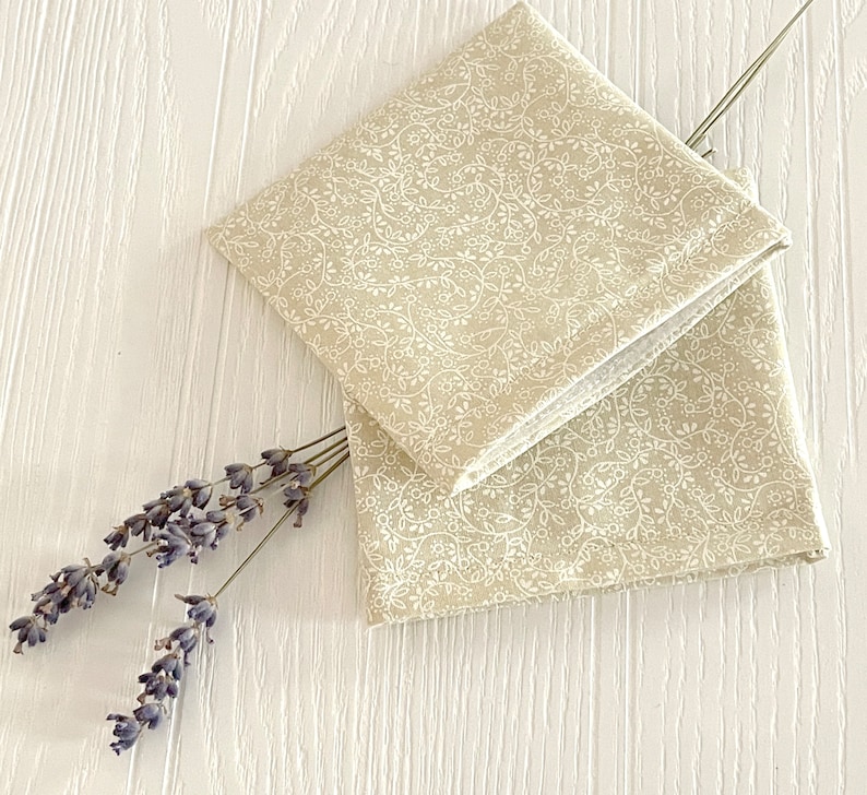 Refillable Lavender Drawer or Dryer Sachets with Hook and Loop Velcro-type Closure Set of 2, Reusable Beige vines