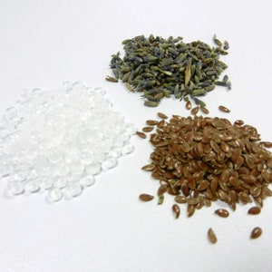 poly-plastic beads, lavender buds, flax seed